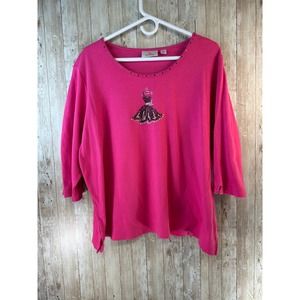 Quacker Factory Women's Shirt‎ 1X Hot Pink Studded Black Rhinestone 3/4 Sleeve